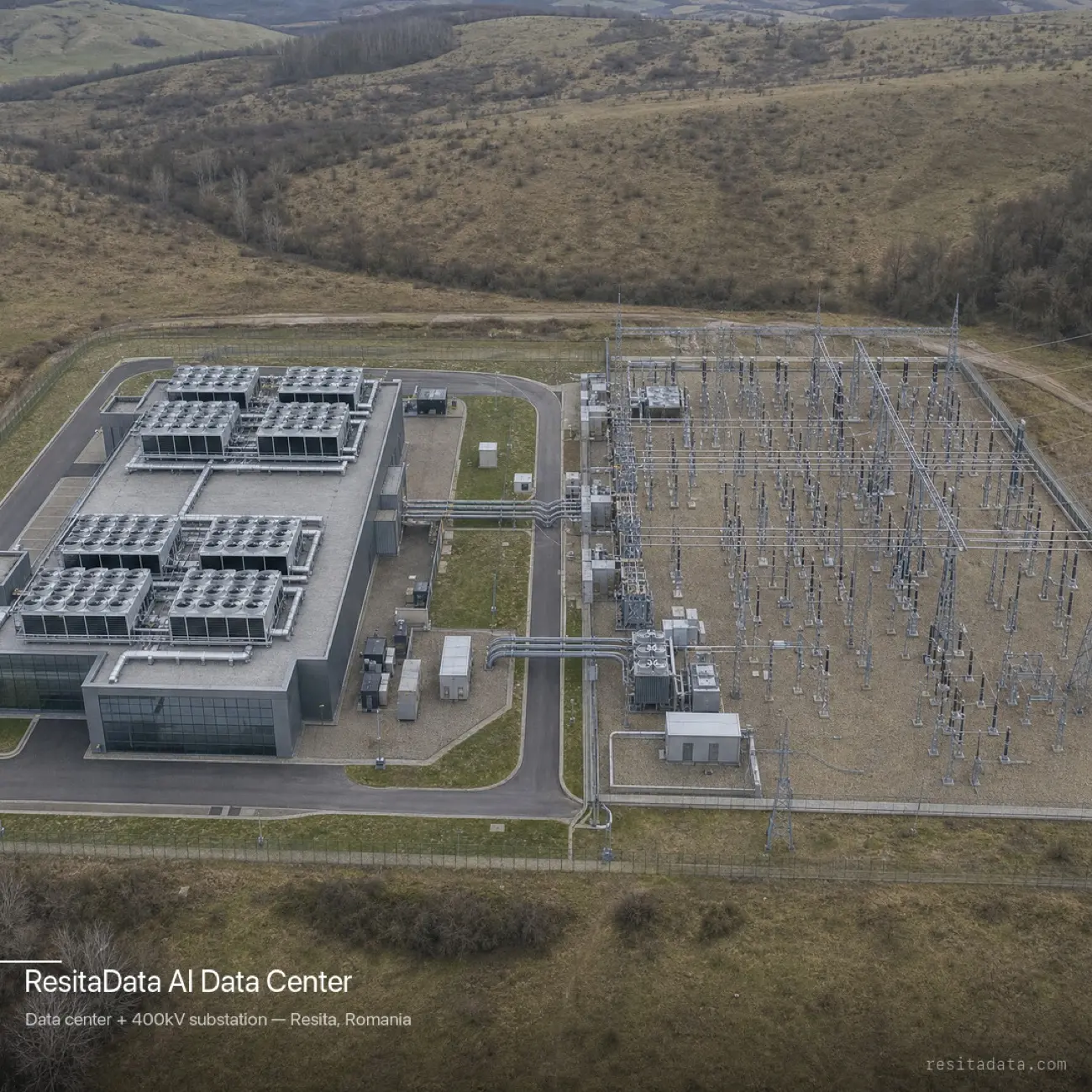 Resita Data campus — aerial render, data centre + 400kV substation, Carpathian backdrop