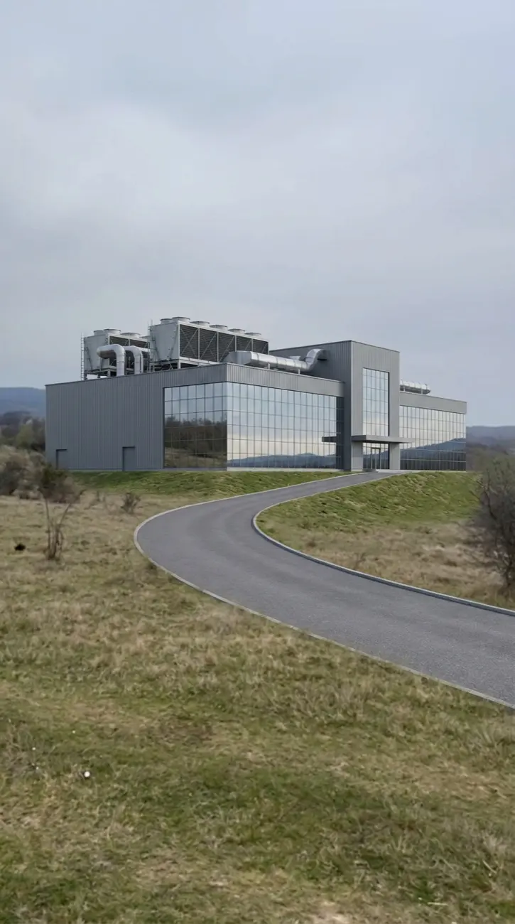 Resita Data campus vision — Phase 4 road access render on actual terrain